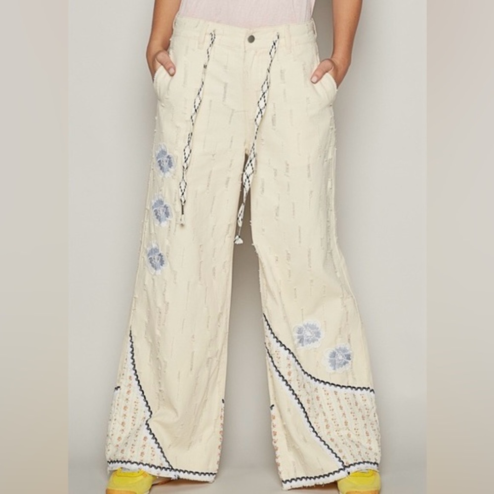 POL Cream and Blue Embroidered Wide-Leg Pants